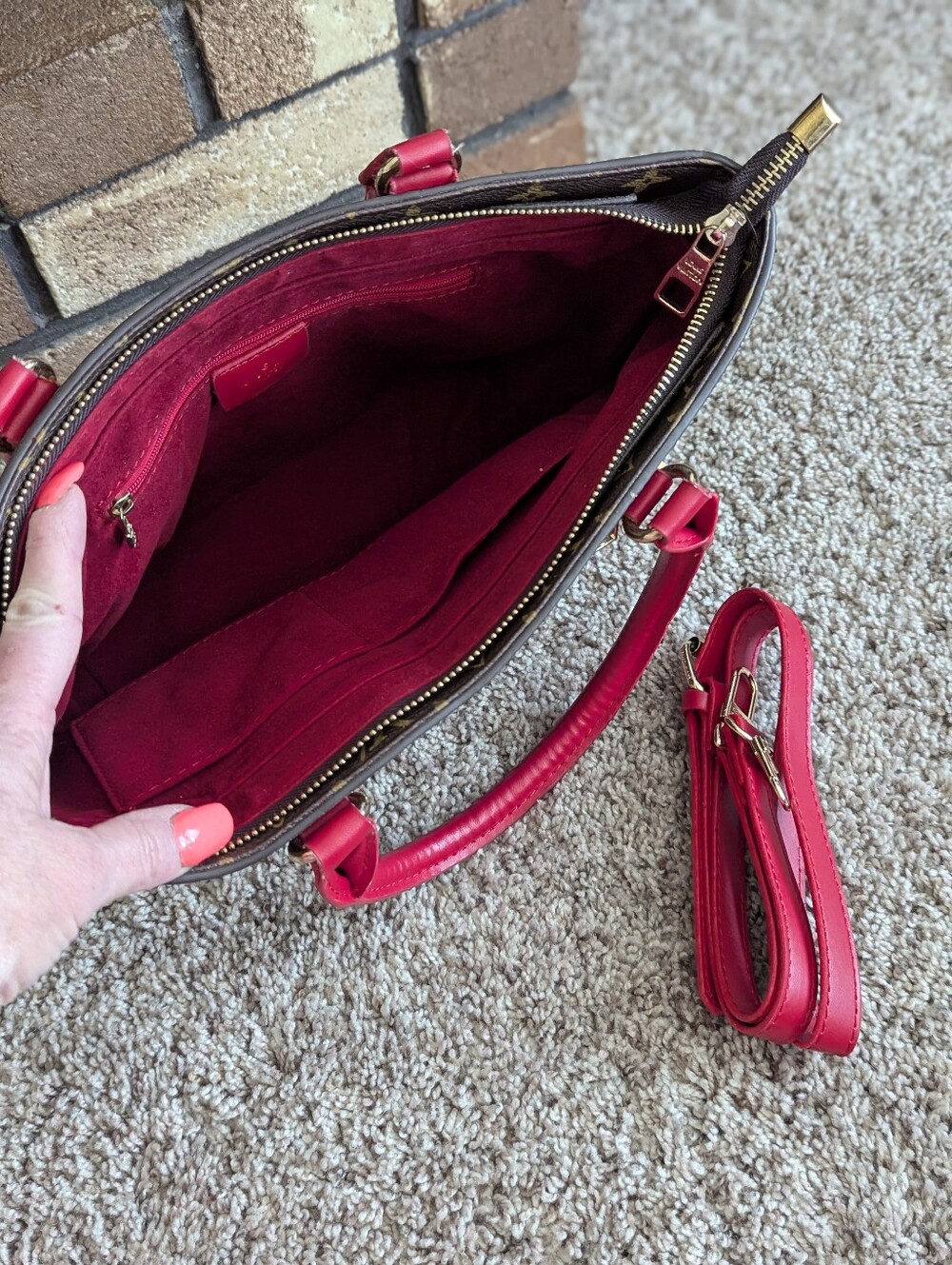 Monogram Brown & Red/Pink Fashion Tote Purse - Picture 8 of 15